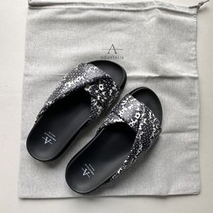 NIB Aquatalia Ileena Snake Embossed Sandal Slide Black and White Print Womens 7